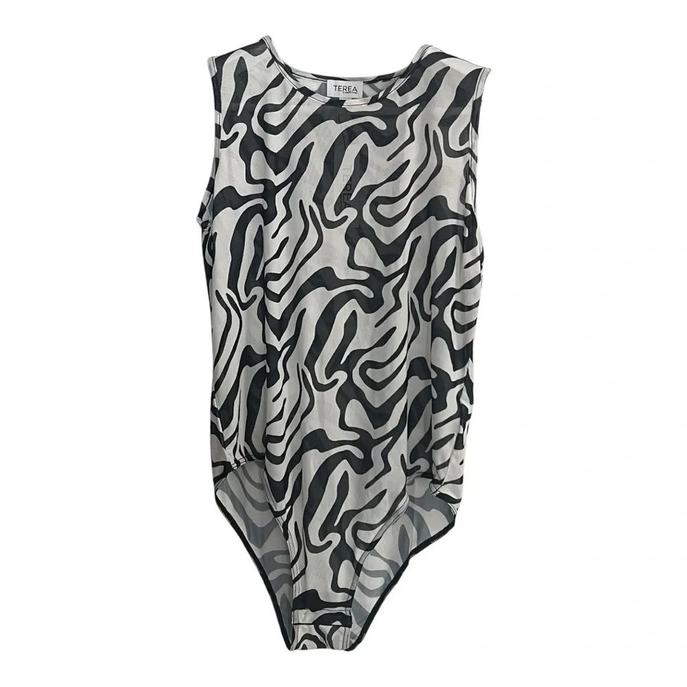 Terea Black & White Zebra Print Sleeveless Mesh Bodysuit Size XL New with Tag - Picture 4 of 8